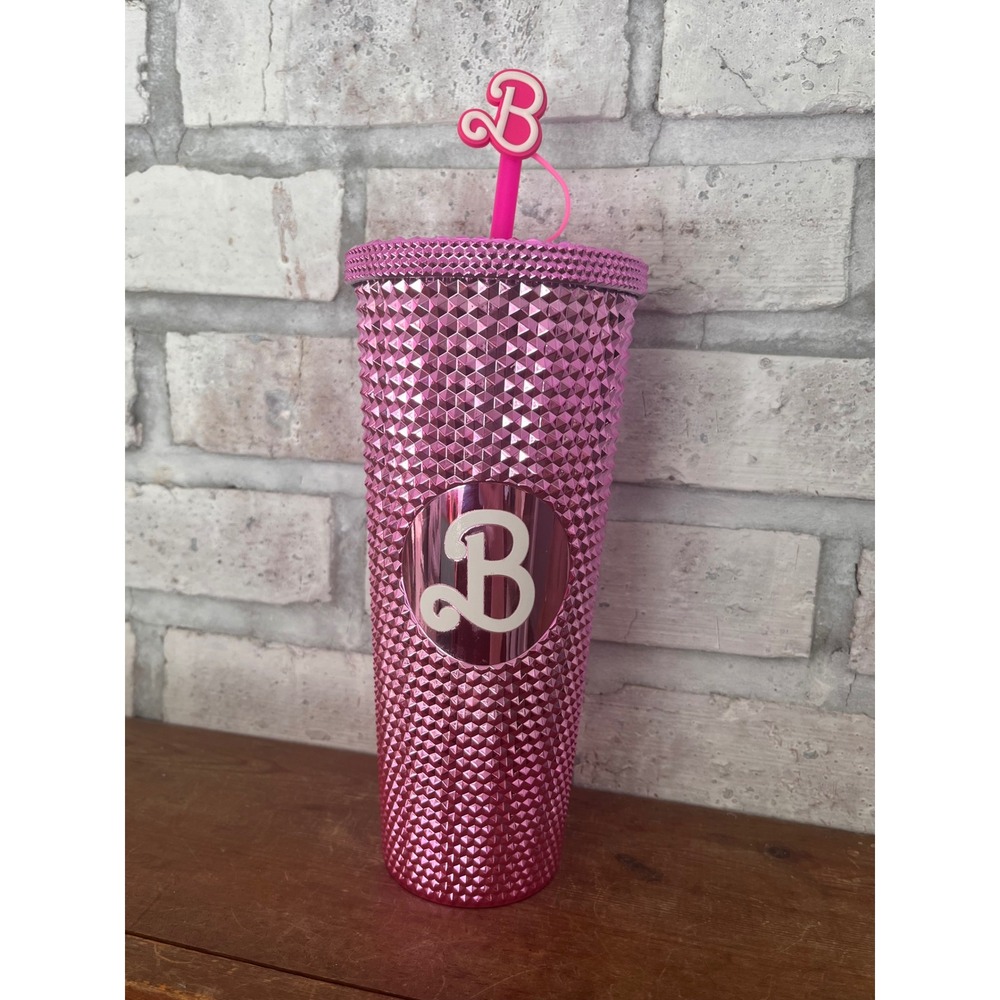 Barbie‎ 24oz Pink Metallic Studded Travel Tumbler with Straw Topper